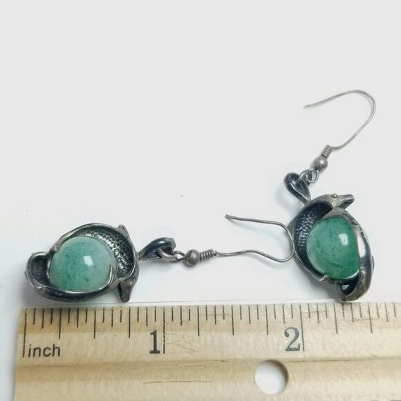 Vintage Dolphin Green Ball Dangle Earrings, Silver Tone Tarnished, 80s 90s Style - Picture 5 of 8